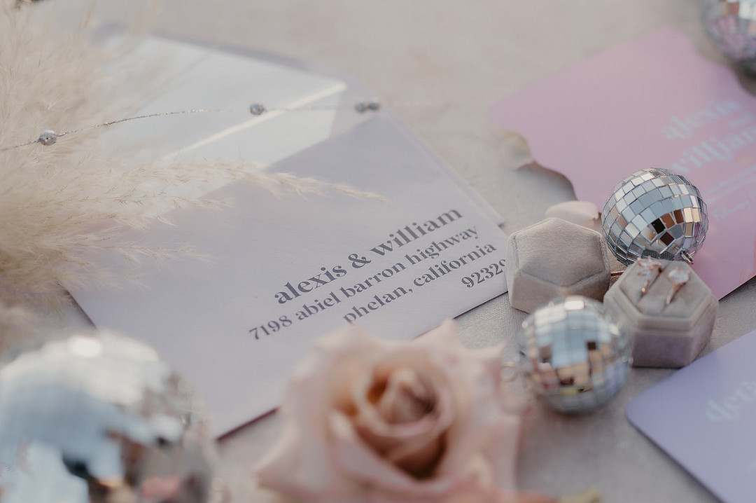 Invite Disco Balls Pink Flowers Desert Disco Wedding J. Emmanuel Photography