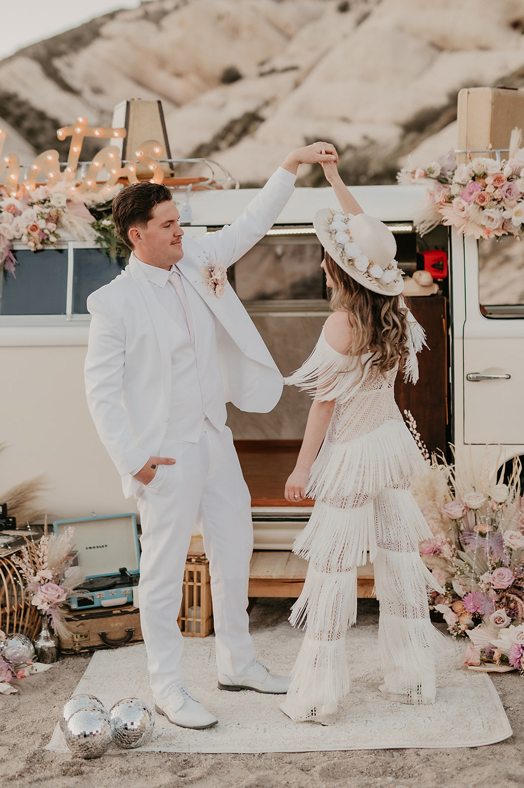 Jumpsuit Trousers Bride Tassels Hat Boho Desert Disco Wedding J. Emmanuel Photography