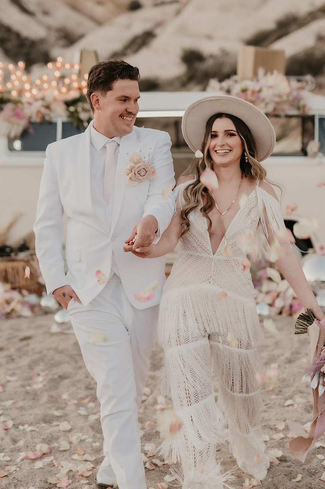 Jumpsuit Trousers Bride Tassels Hat Desert Disco Wedding J. Emmanuel Photography