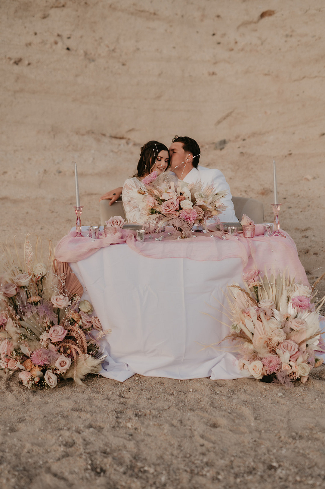 Top Table Sweetheart Pink Flowers Decor Desert Disco Wedding J. Emmanuel Photography