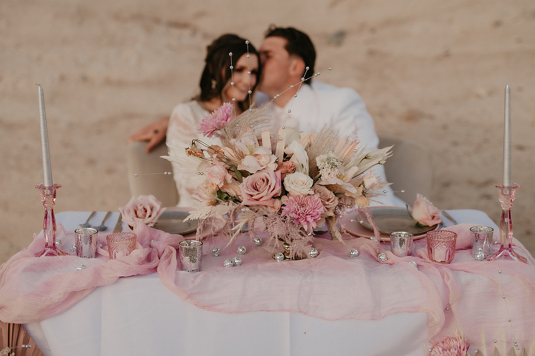 Top Table Sweetheart Pink Flowers Decor Desert Disco Wedding J. Emmanuel Photography