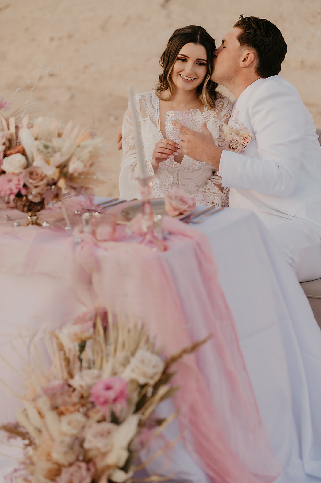 Top Table Sweetheart Pink Flowers Decor Desert Disco Wedding J. Emmanuel Photography