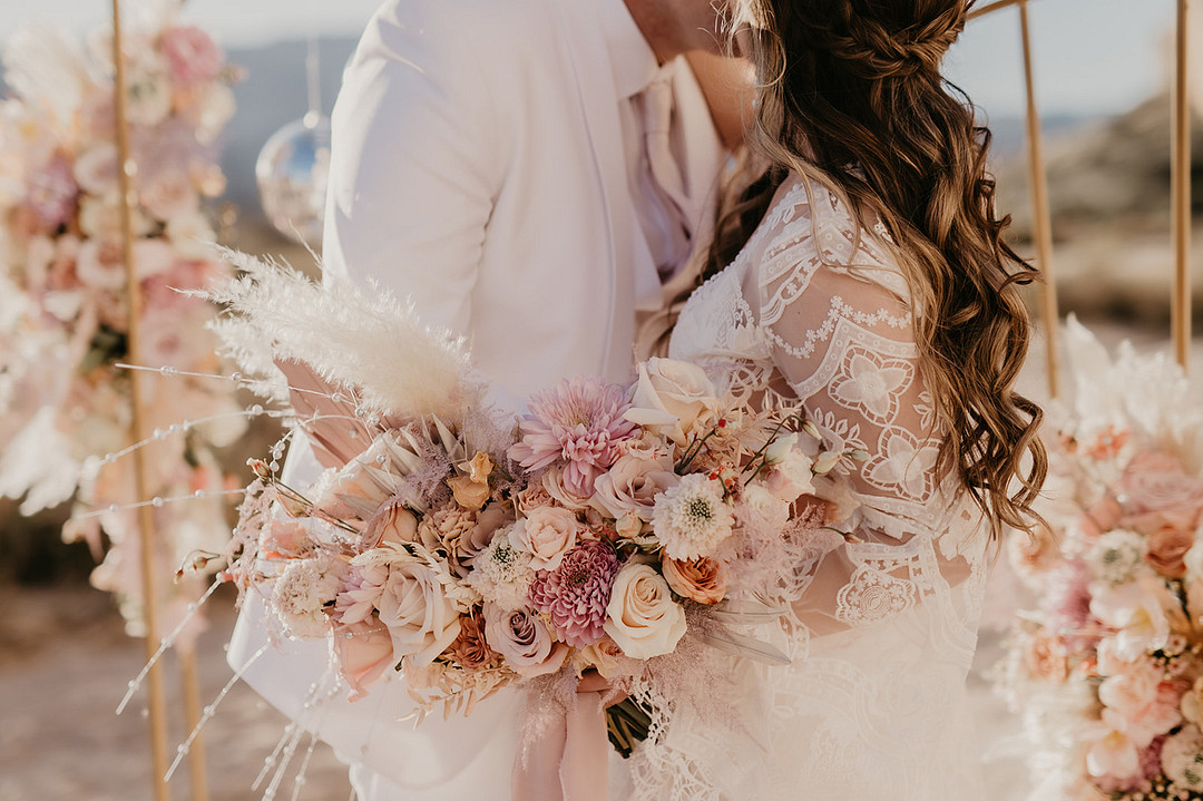 Bouquet Flowers Bride Rose Pink Pampas Grass Desert Disco Wedding J. Emmanuel Photography
