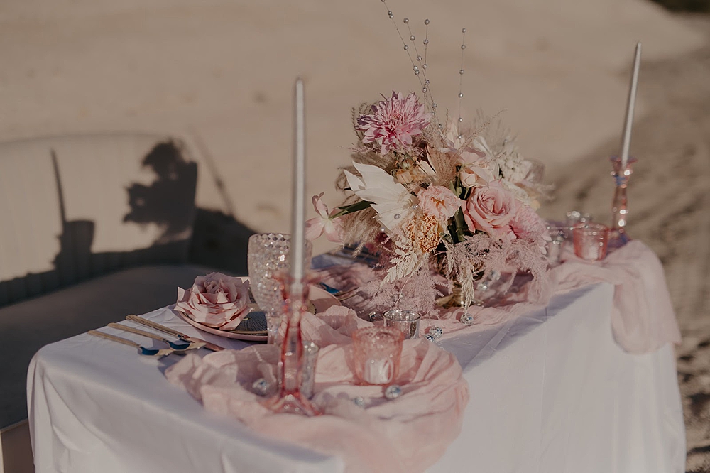 Top Table Sweetheart Pink Flowers Decor Desert Disco Wedding J. Emmanuel Photography