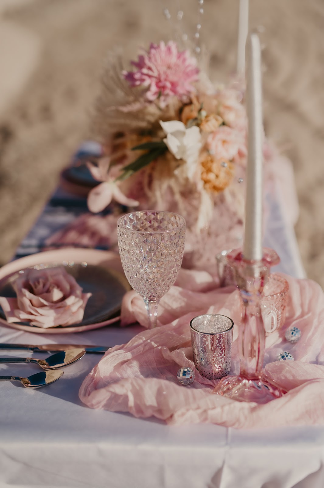 Top Table Sweetheart Pink Flowers Decor Desert Disco Wedding J. Emmanuel Photography