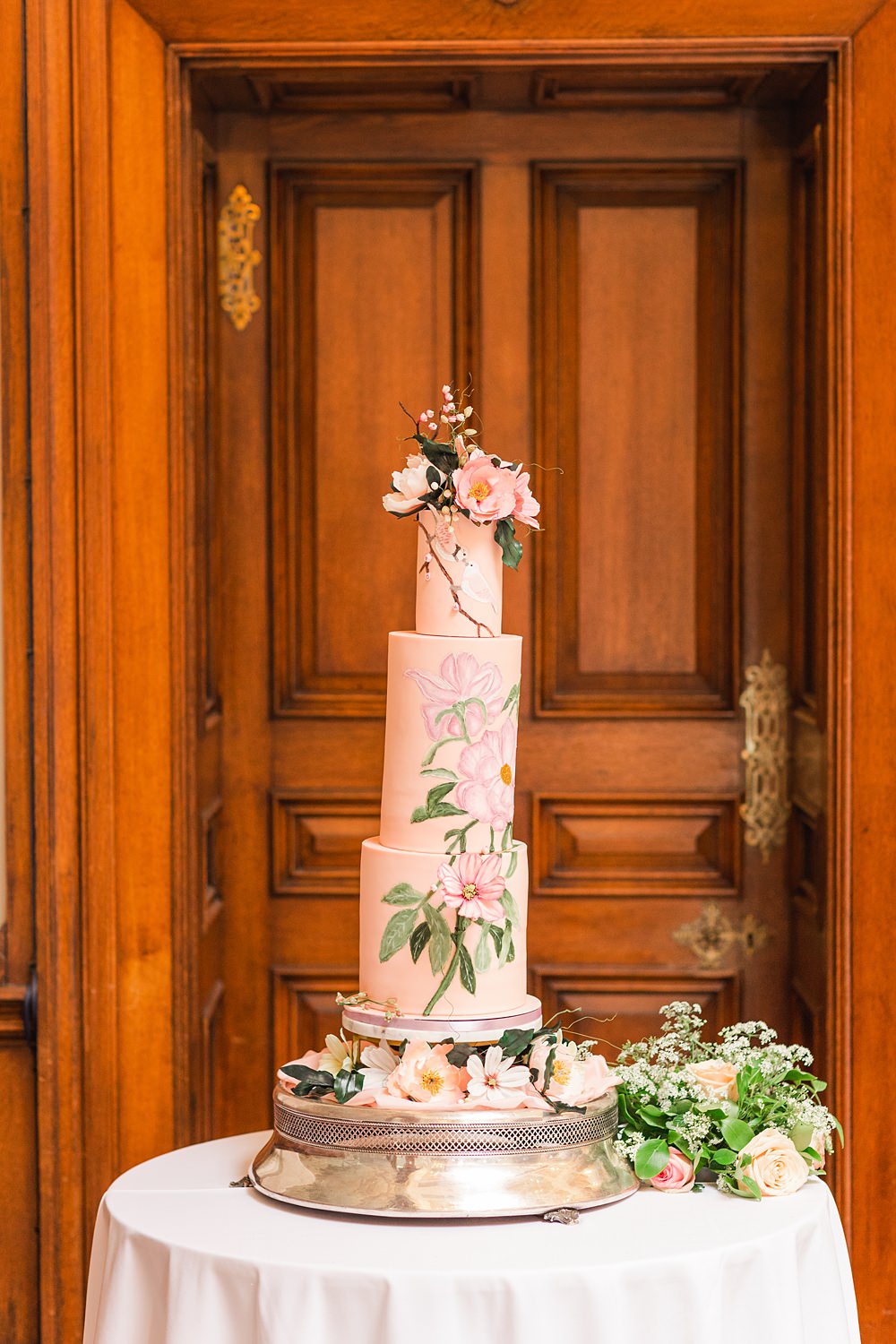 3 Tier Pink Floral Cake Painted English South African Wedding James and Kerrie Photography