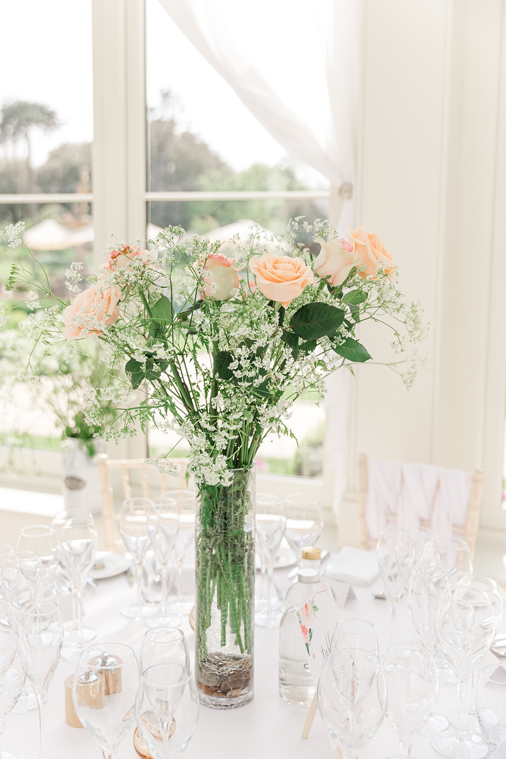 Centrepiece Vase Flowers Coral Rose Round Table English South African Wedding James and Kerrie Photography