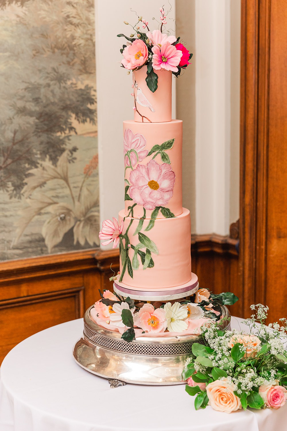 3 Tier Pink Floral Cake Painted English South African Wedding James and Kerrie Photography
