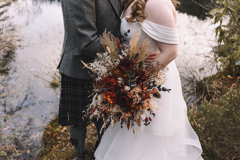 Bouquet Flowers Bride Dried Burgundy Red Glencoe Lochan Wedding Lauren Elliott Photography