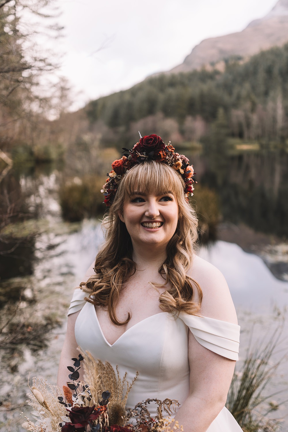 Bride Flower Crown Fringe Hair Waves Bangs Glencoe Lochan Wedding Lauren Elliott Photography