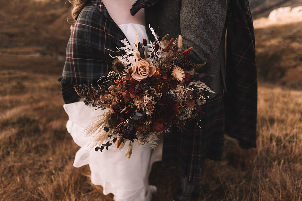 Bouquet Flowers Bride Dried Burgundy Red Glencoe Lochan Wedding Lauren Elliott Photography