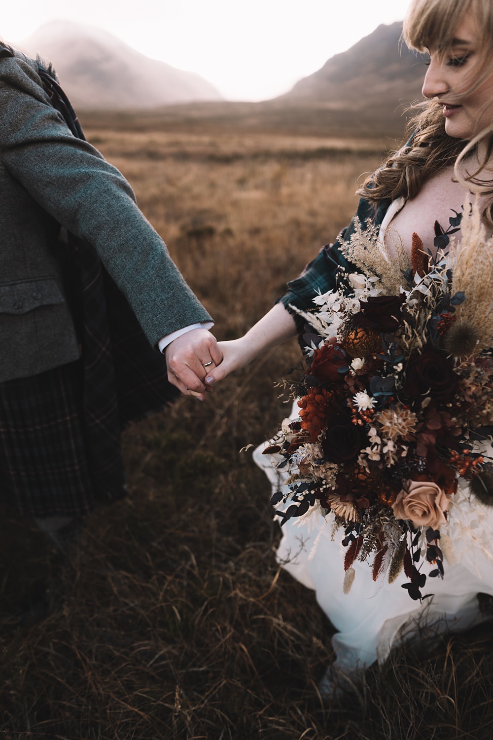 Bouquet Flowers Bride Dried Burgundy Red Glencoe Lochan Wedding Lauren Elliott Photography