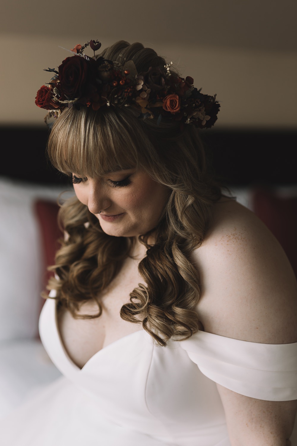 Bride Flower Crown Fringe Hair Waves Bangs Glencoe Lochan Wedding Lauren Elliott Photography