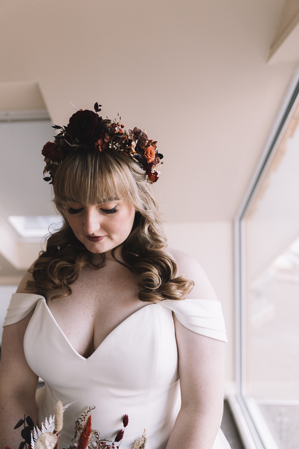 Bride Flower Crown Fringe Hair Waves Bangs Glencoe Lochan Wedding Lauren Elliott Photography