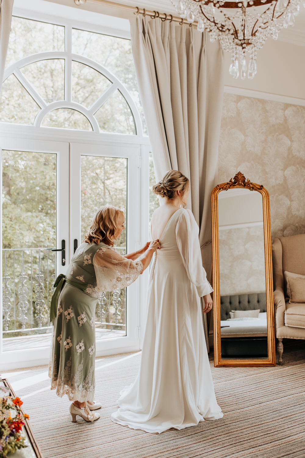 Dress Gown Bride Long Sheer Sleeves Lancashire Country House Wedding Wyldbee