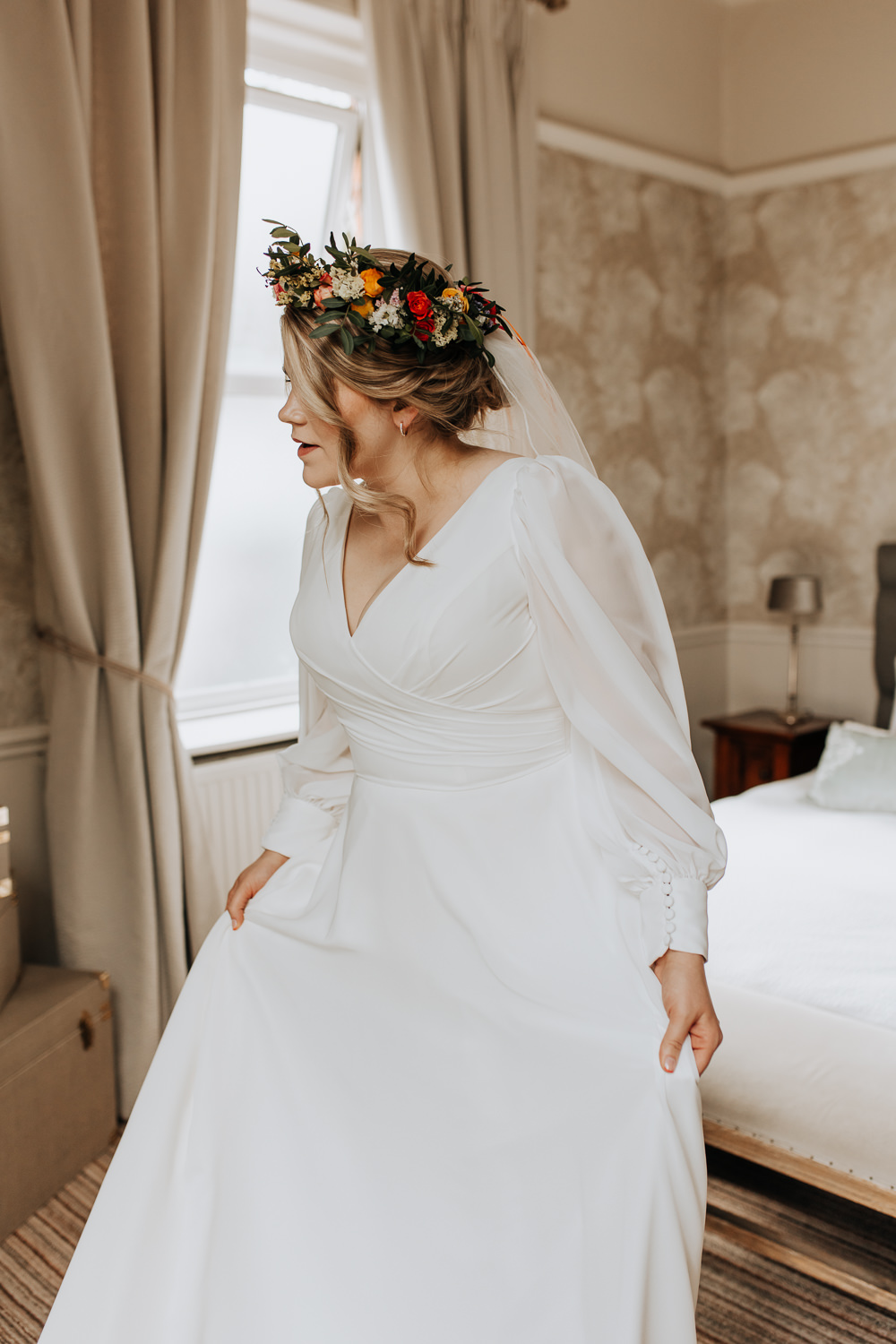 Dress Gown Bride Long Sheer Sleeves Lancashire Country House Wedding Wyldbee