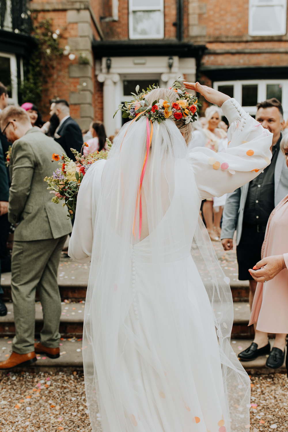 Dress Gown Bride Long Sheer Sleeves Veil Flower Crown Lancashire Country House Wedding Wyldbee