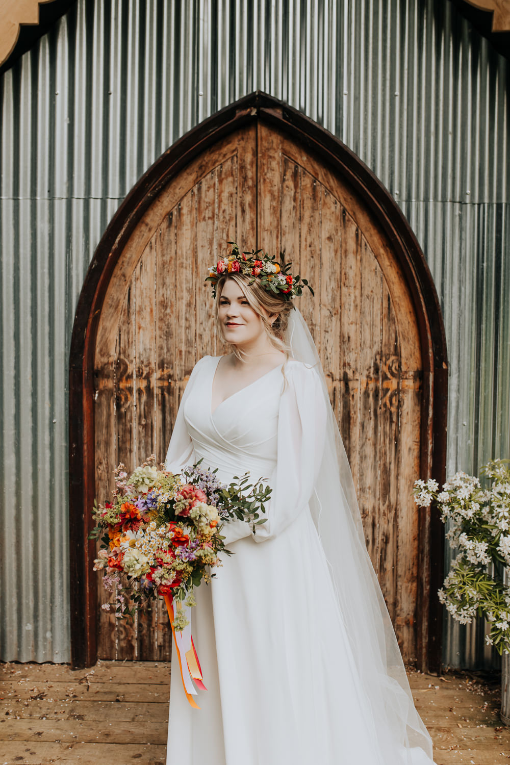 Dress Gown Bride Long Sheer Sleeves Veil Lancashire Country House Wedding Wyldbee