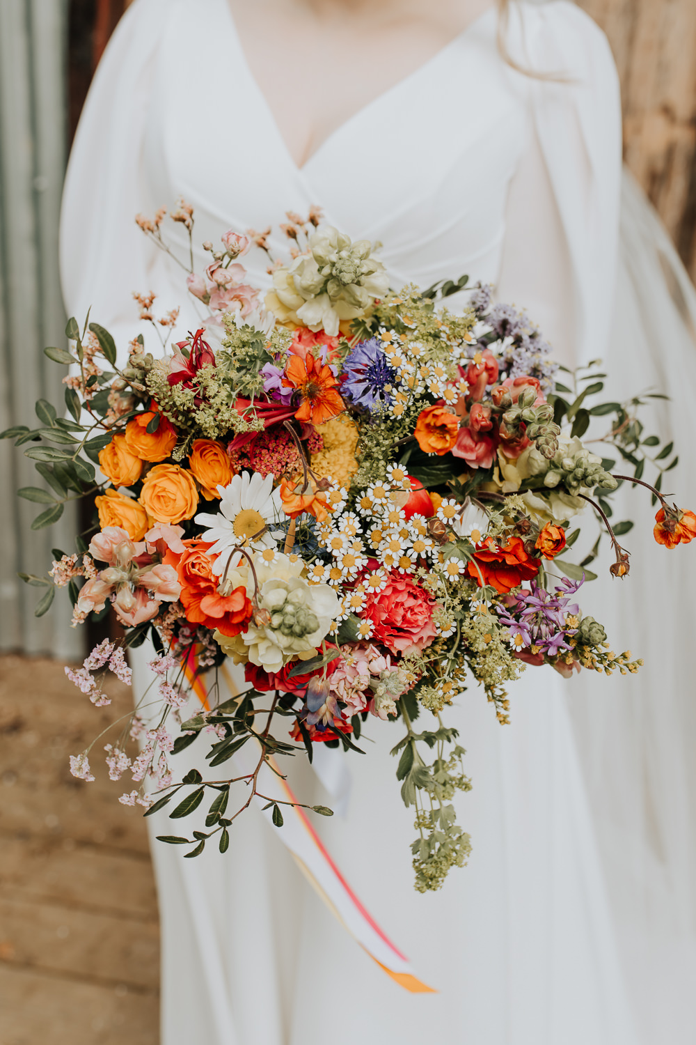 Rainbow Colourful Bridal Bouquet Ribbons Lancashire Country House Wedding Wyldbee