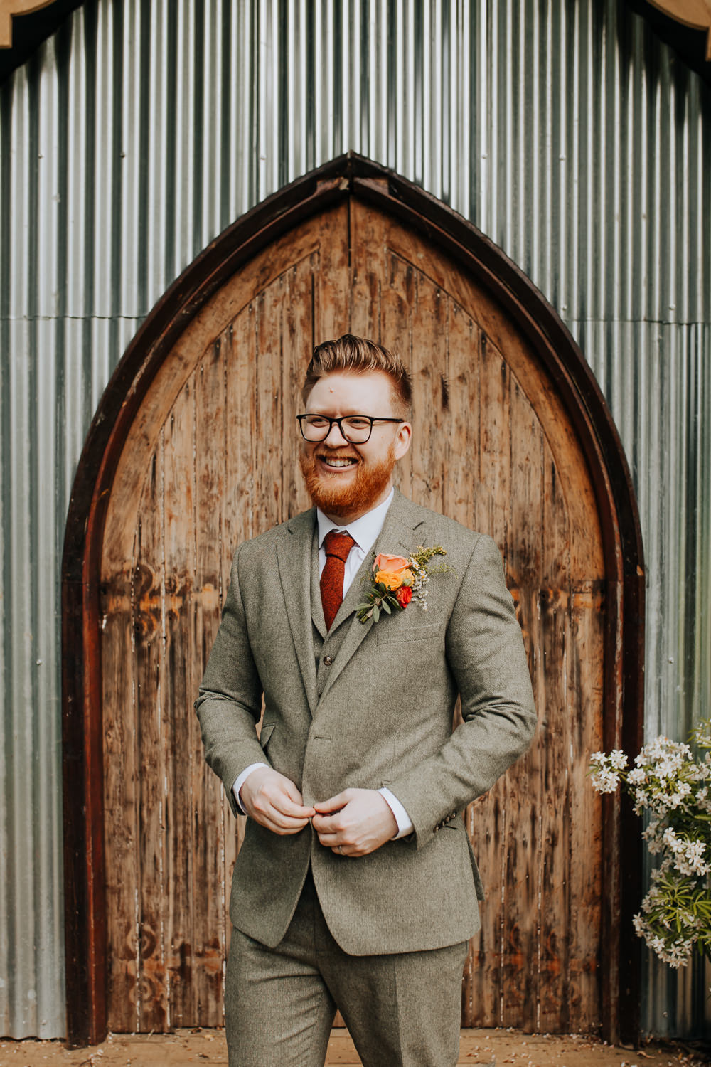 Groom Tweed Suit Brown Red Tie Lancashire Country House Wedding Wyldbee