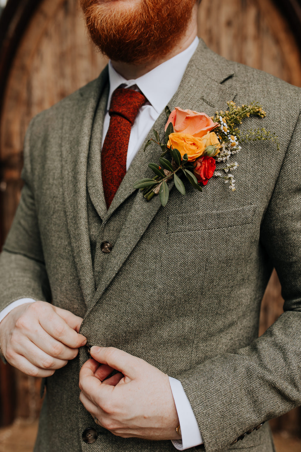 Groom Buttonhole Flowers Orange Red Lancashire Country House Wedding Wyldbee