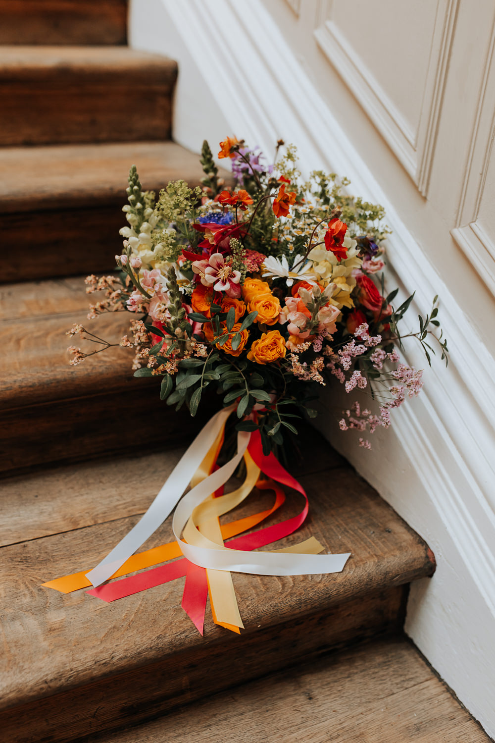 Rainbow Colourful Bridal Bouquet Ribbons Lancashire Country House Wedding Wyldbee