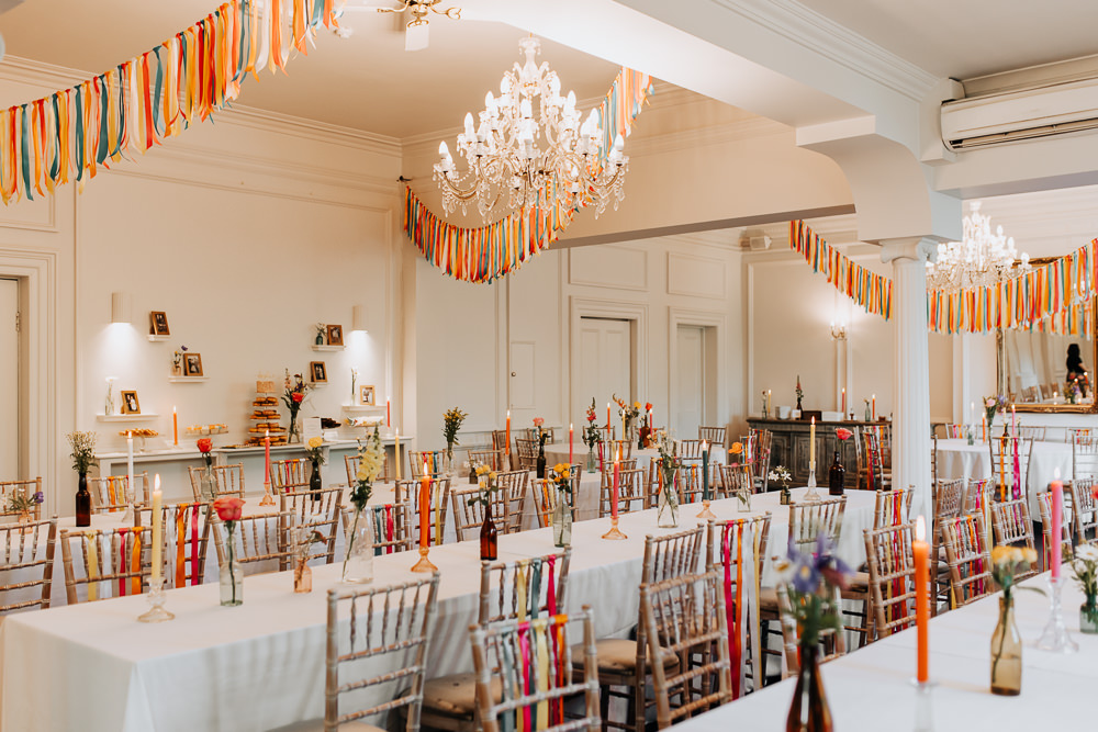 Rainbow Chair Ribbons Bunting Decor Lancashire Country House Wedding Wyldbee