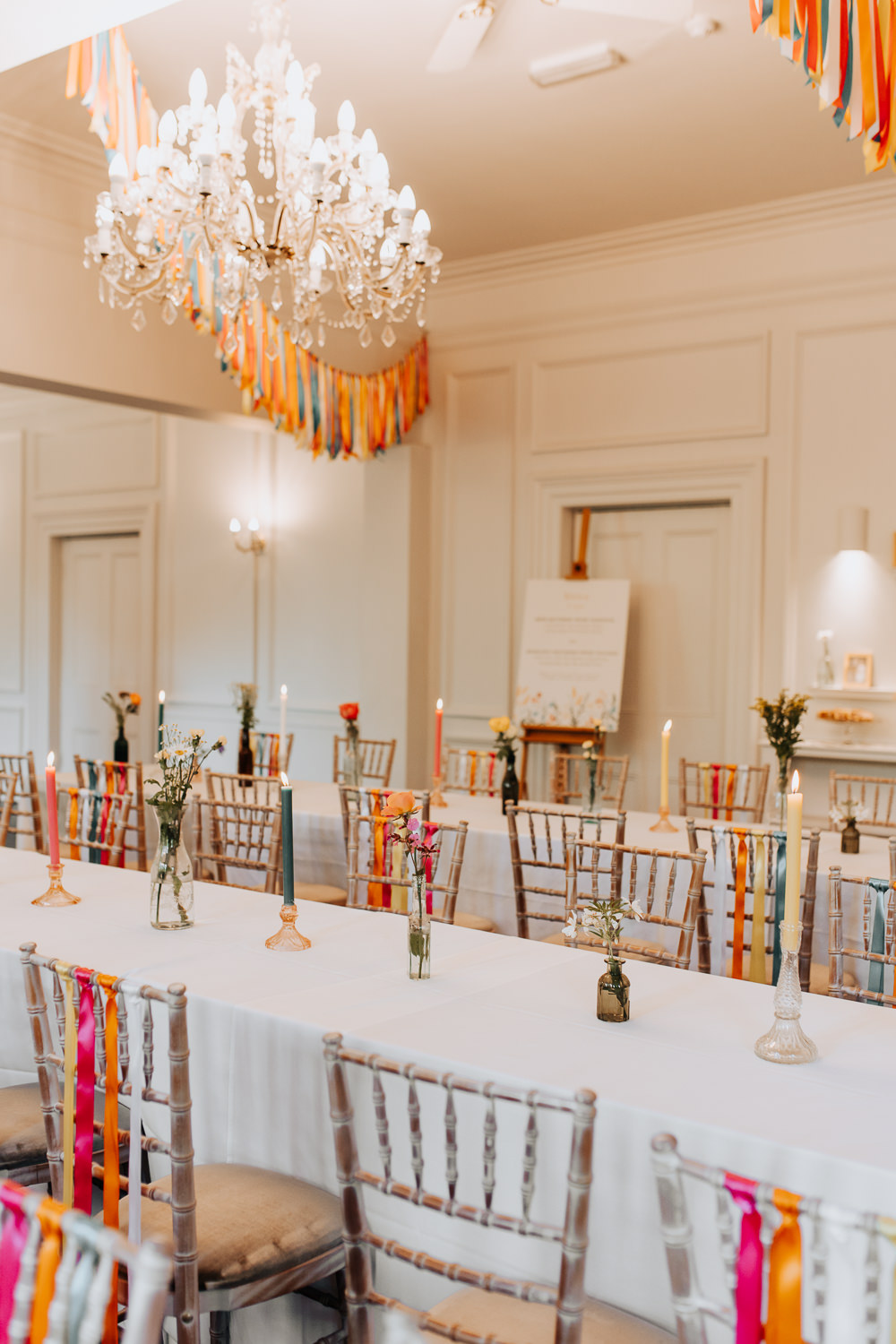 Rainbow Chair Ribbons Bunting Decor Lancashire Country House Wedding Wyldbee