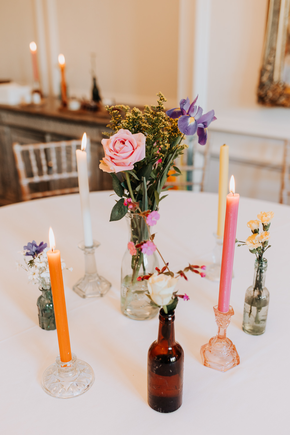 Flowers Colourful Candles Centrepiece Table Decor Lancashire Country House Wedding Wyldbee