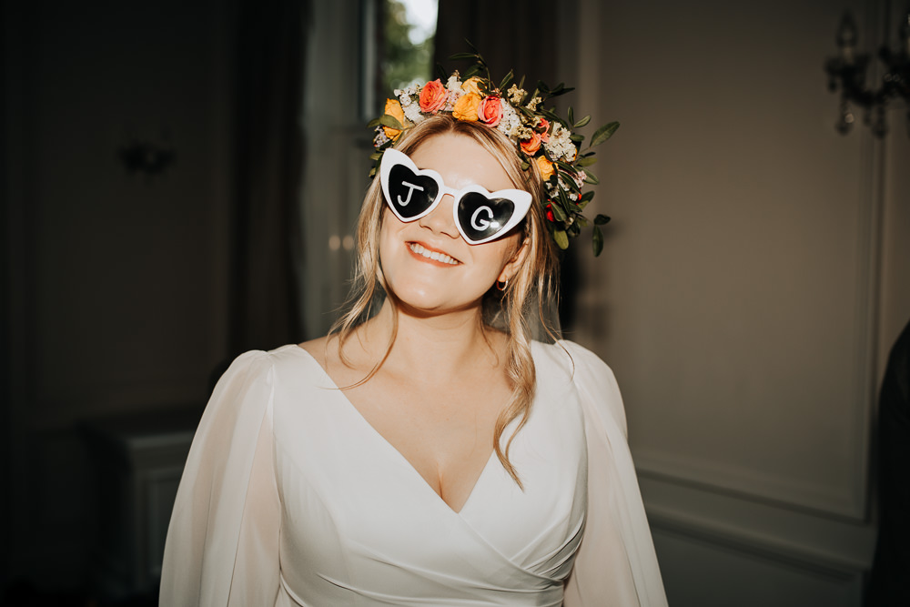 Bride Makeup Flower Crown Sunglasses Lancashire Country House Wedding Wyldbee