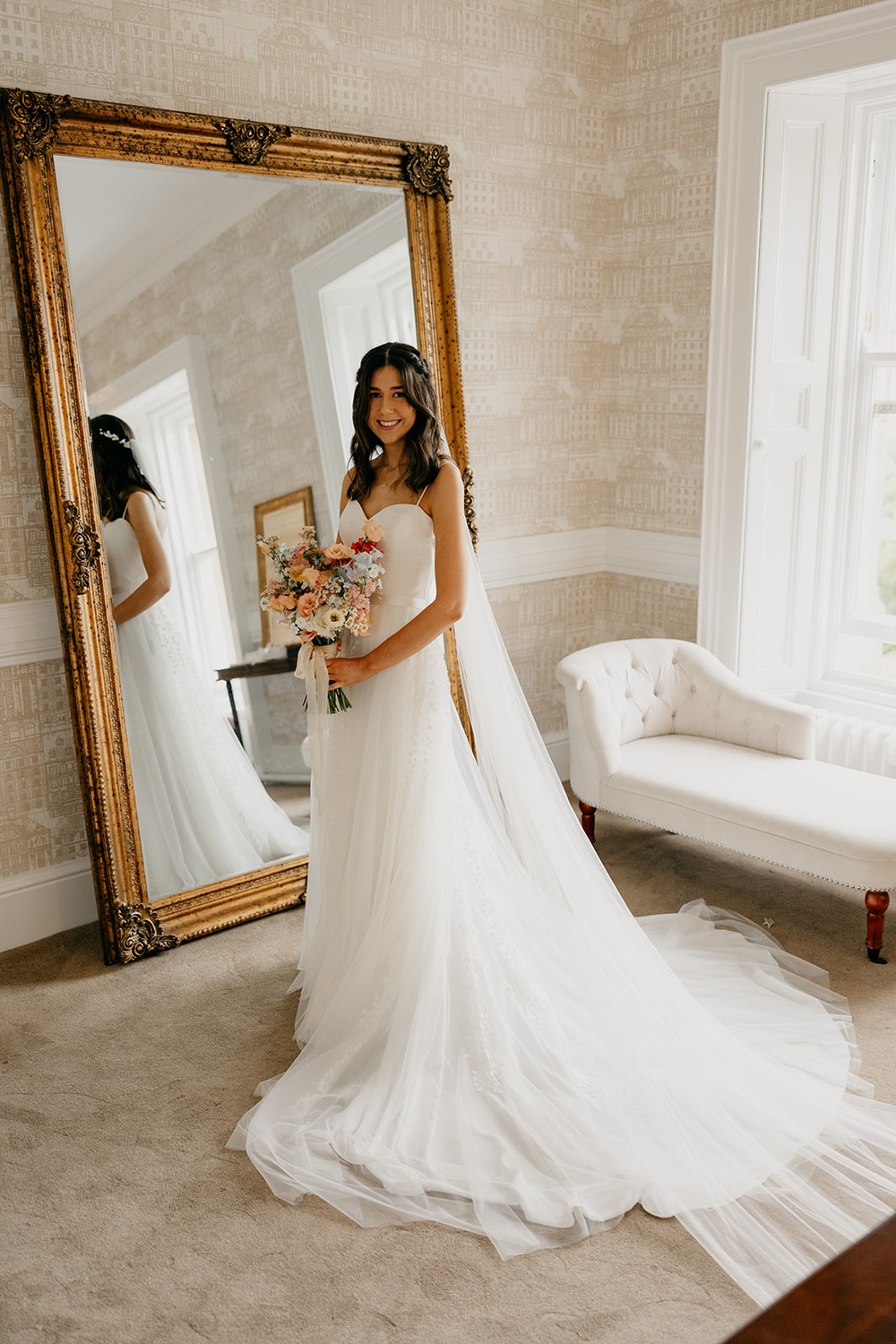 Love Story Bride Tulle Gown Train Straps Veil Magheramorne Estate Wedding Iain Irwin
