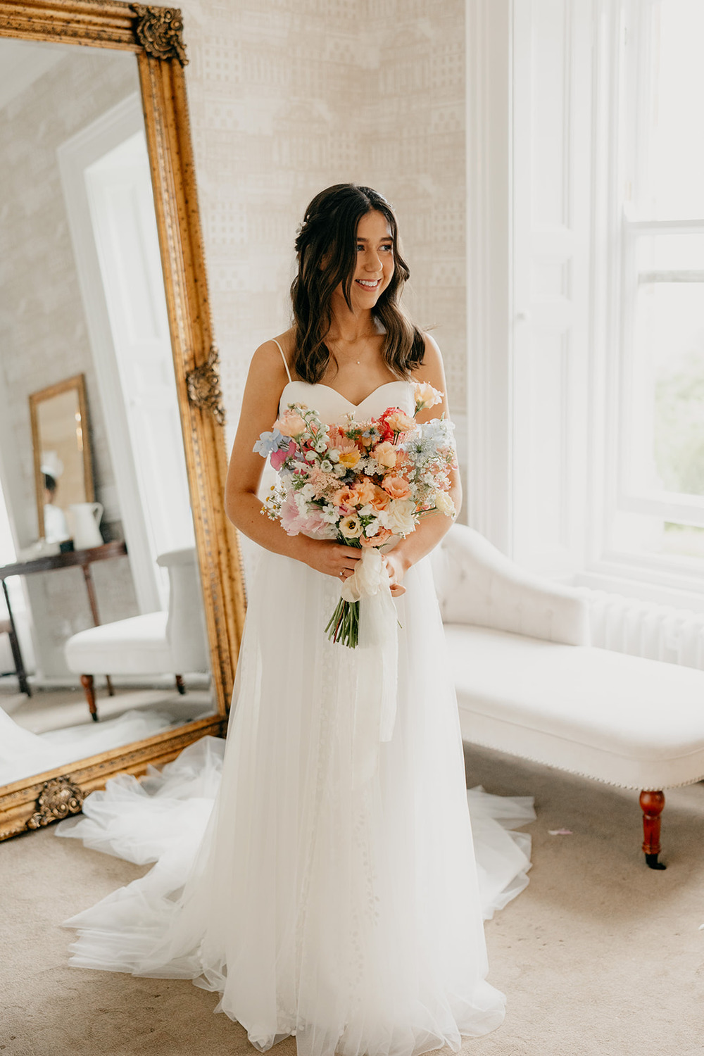 Love Story Bride Tulle Gown Train Straps Veil Magheramorne Estate Wedding Iain Irwin