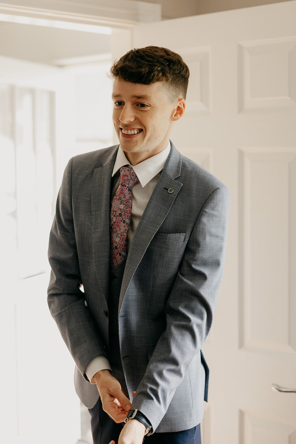 Magheramorne Estate Wedding Iain Irwin Groom Grey Suit Floral Tie