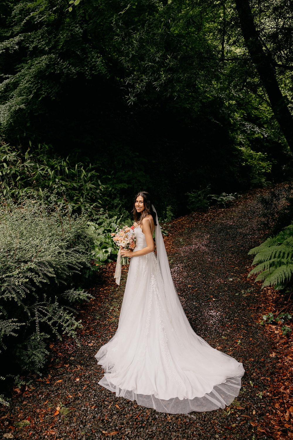 Love Story Bride Tulle Gown Train Straps Veil Magheramorne Estate Wedding Iain Irwin