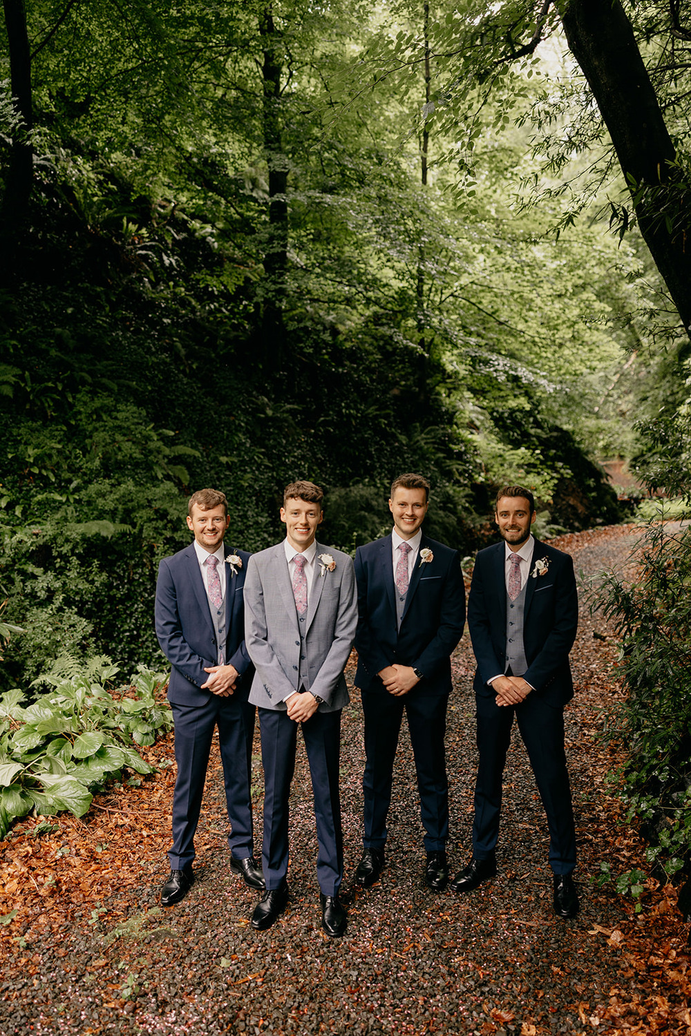 Groom Grey Suit Floral Tie Groomsmen Mismatched Magheramorne Estate Wedding Iain Irwin