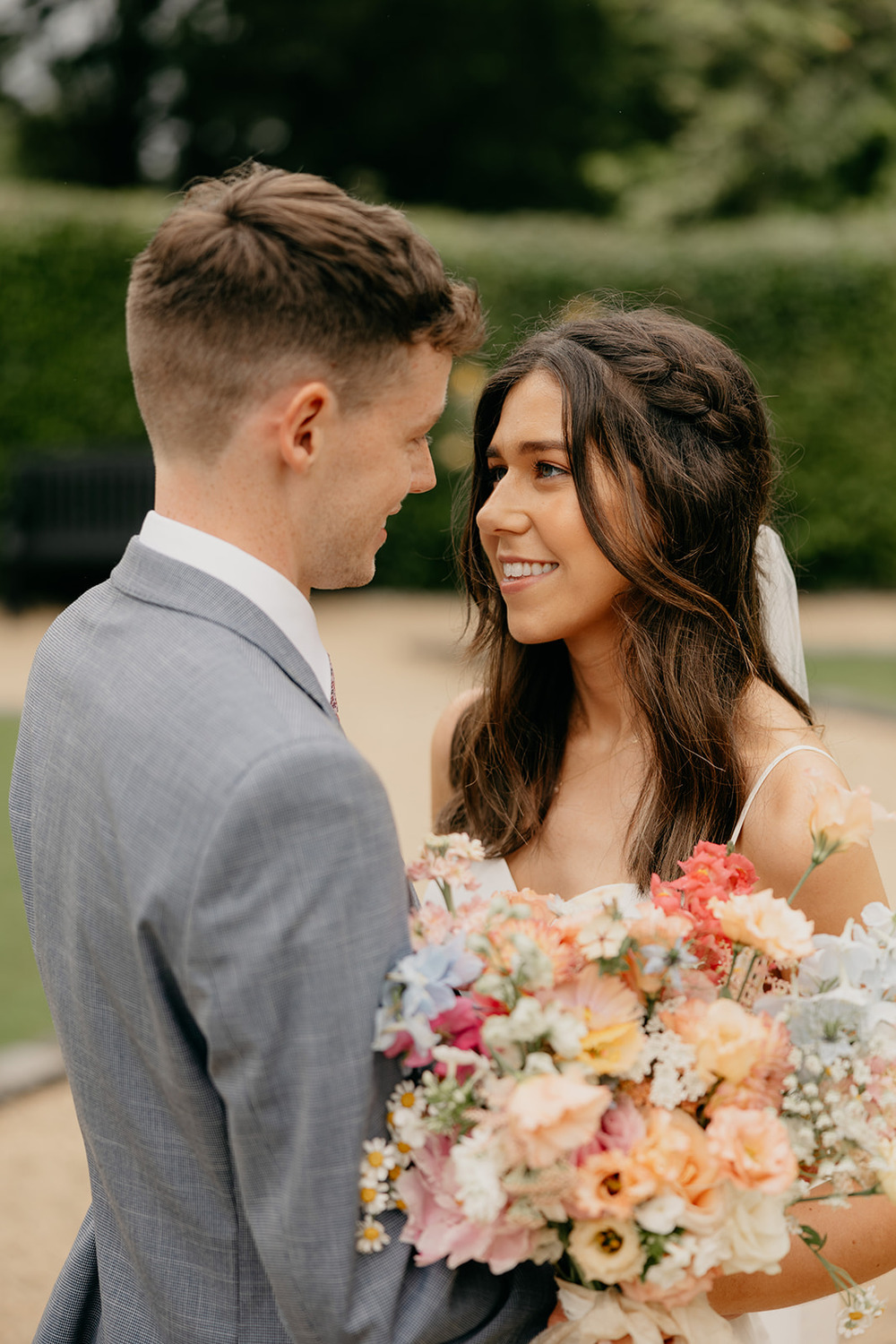 Bride Hair Waves Braid Bouquet Flowers Bride Summer Pastel Peach Blue White Magheramorne Estate Wedding Iain Irwin