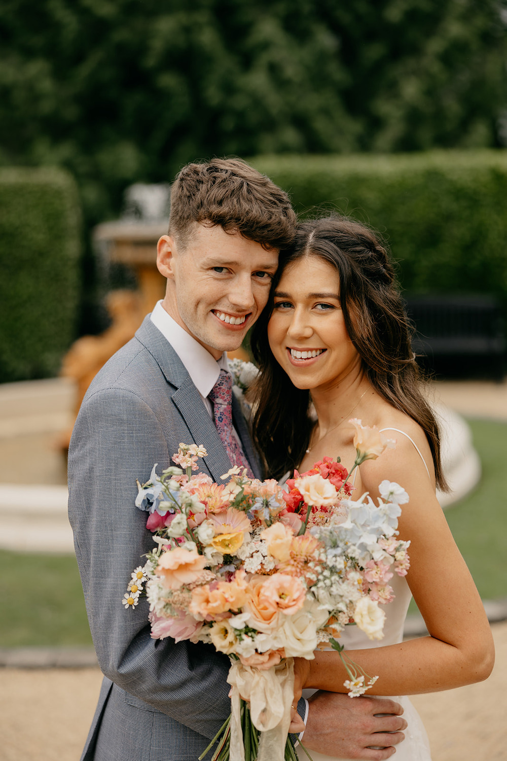 Bouquet Flowers Bride Summer Pastel Peach Blue White Magheramorne Estate Wedding Iain Irwin