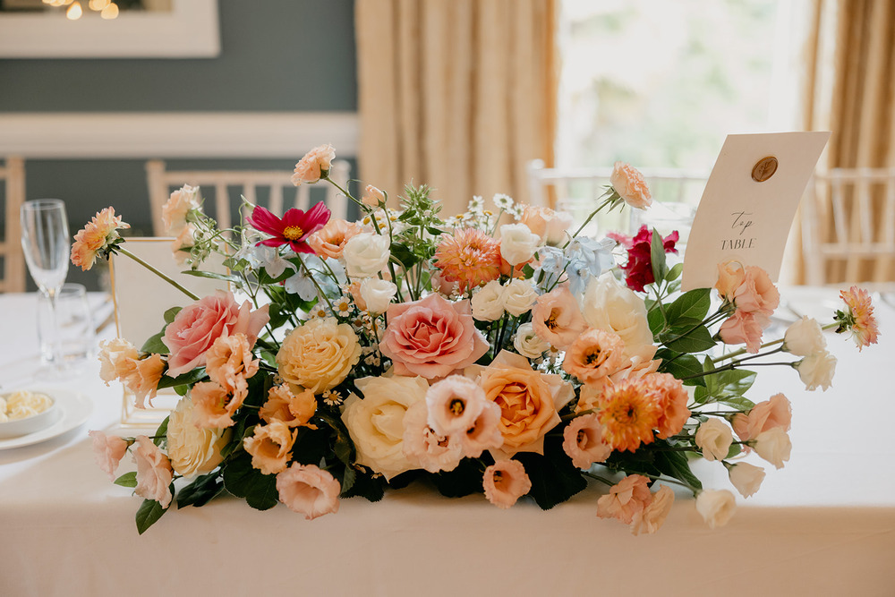 Table Flowers Top Summer Pastel Peach Blue White Magheramorne Estate Wedding Iain Irwin