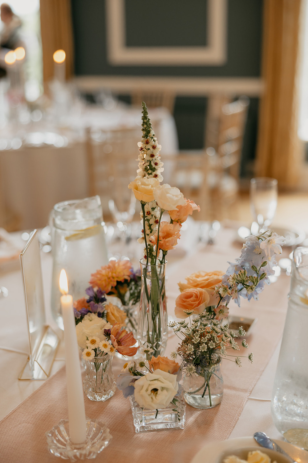 Table Flowers Summer Pastel Peach Blue White Magheramorne Estate Wedding Iain Irwin
