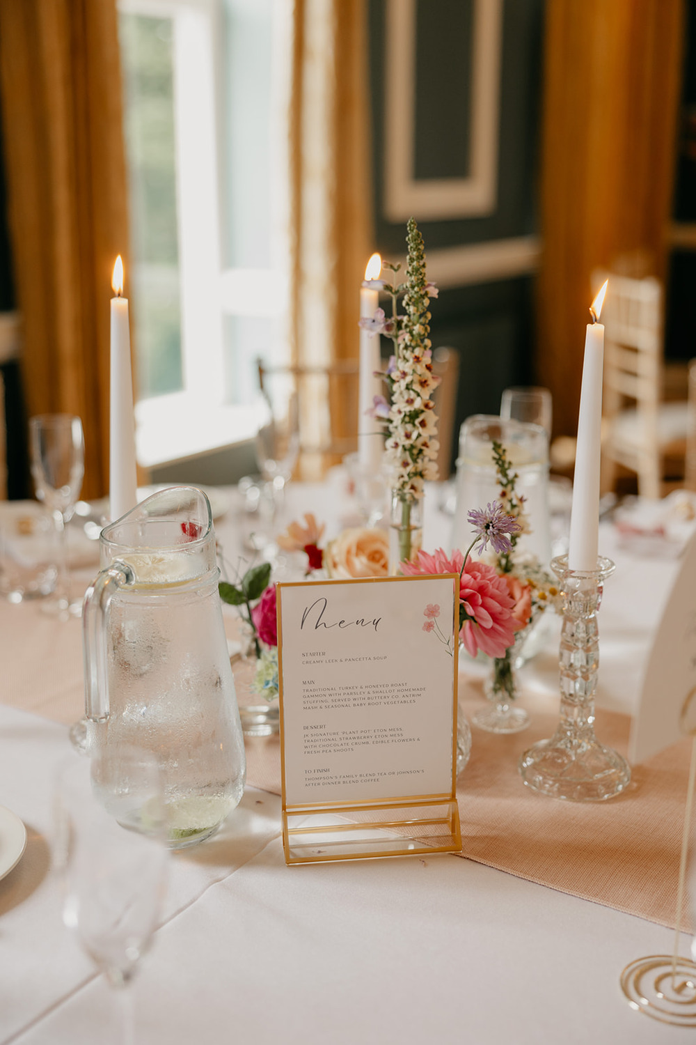 Centrepiece Flowers Candles Menu Sign Magheramorne Estate Wedding Iain Irwin