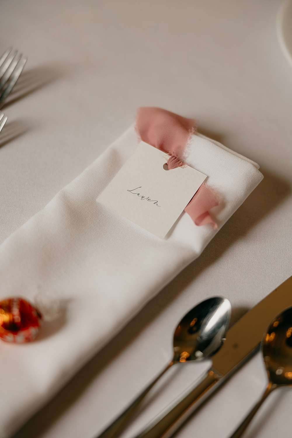 Place Name Card Pink Ribbon Magheramorne Estate Wedding Iain Irwin