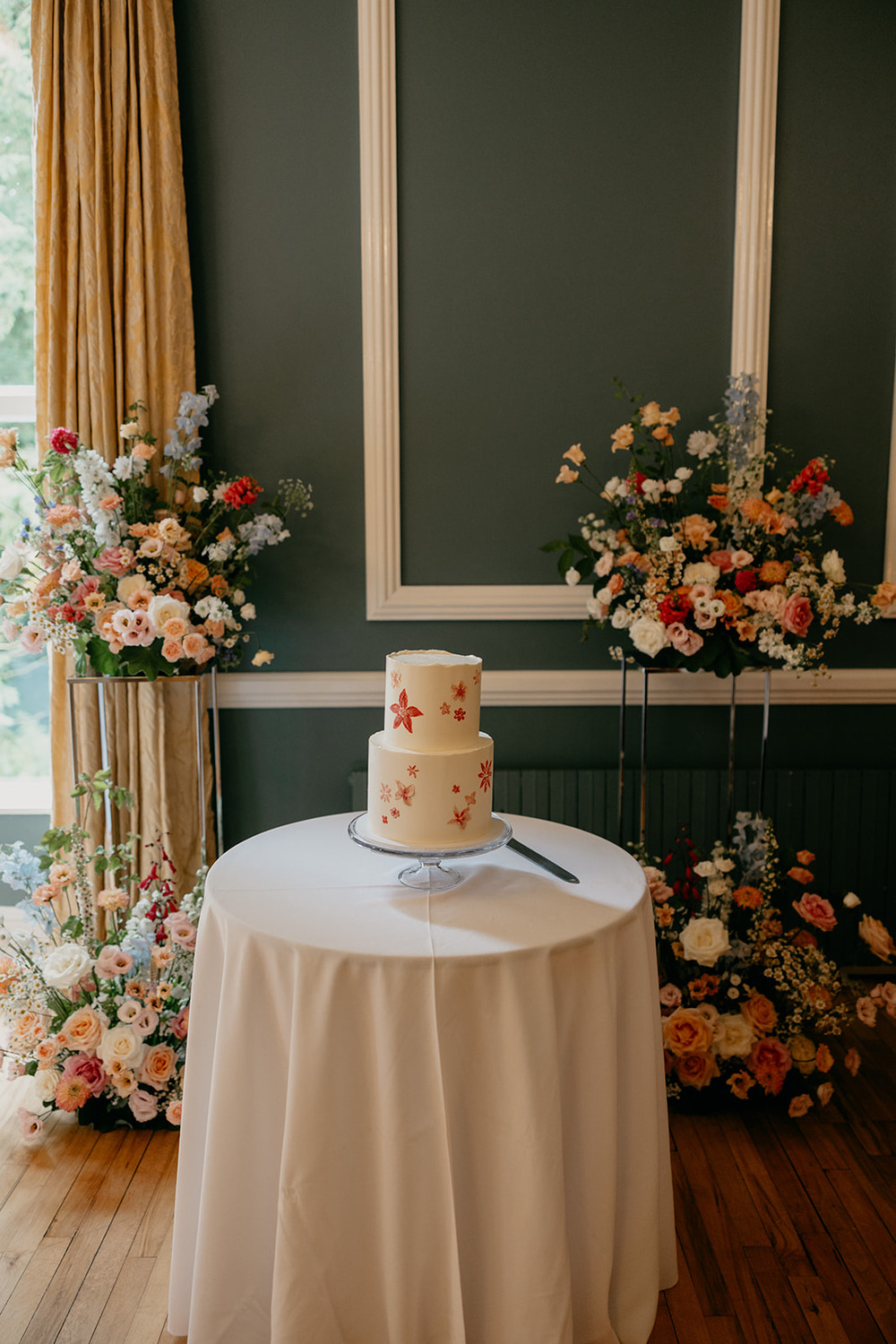 Cake Table Flowers Table Summer Pastel Peach Blue White Magheramorne Estate Wedding Iain Irwin