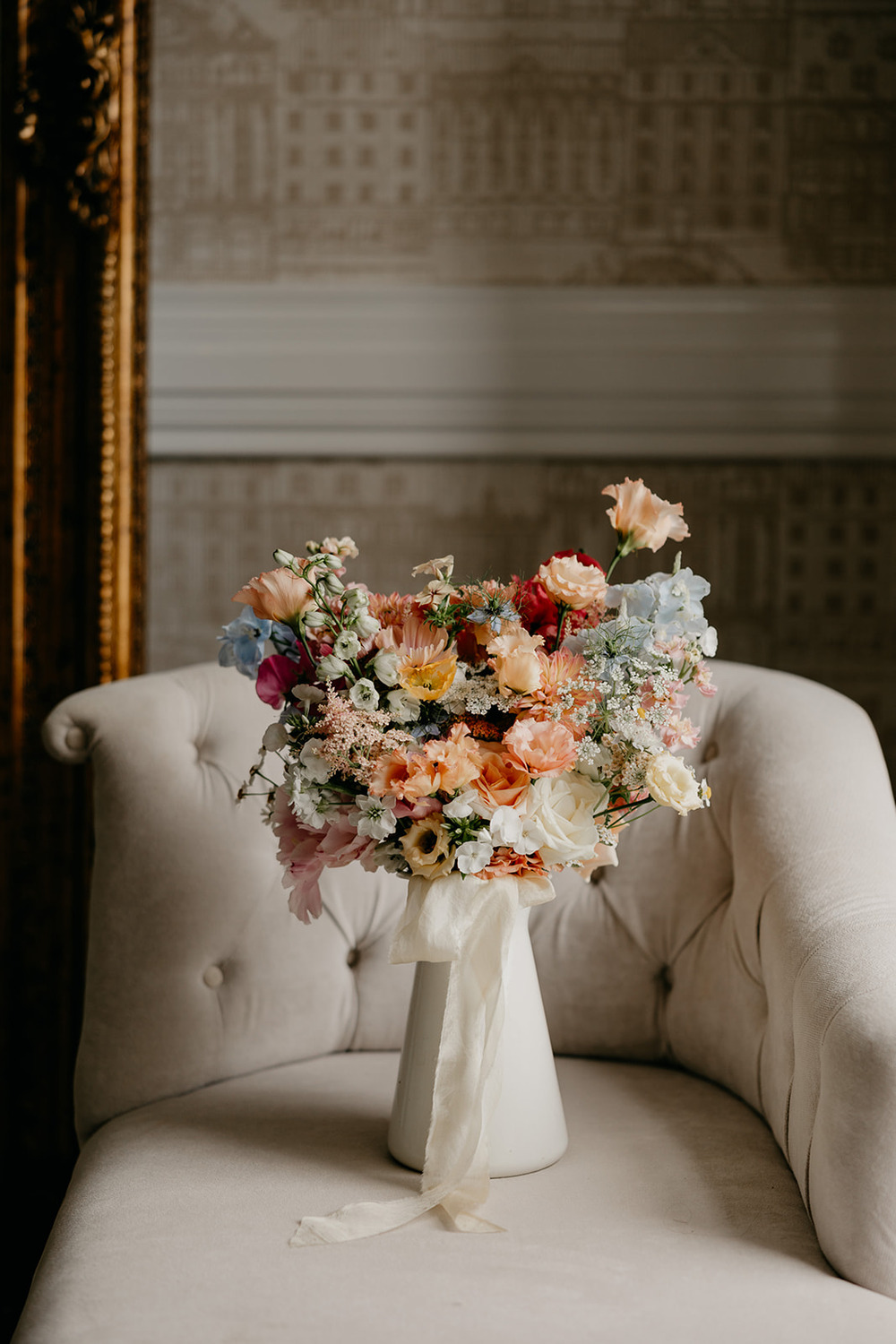Bouquet Flowers Bride Summer Pastel Peach Blue White Magheramorne Estate Wedding Iain Irwin