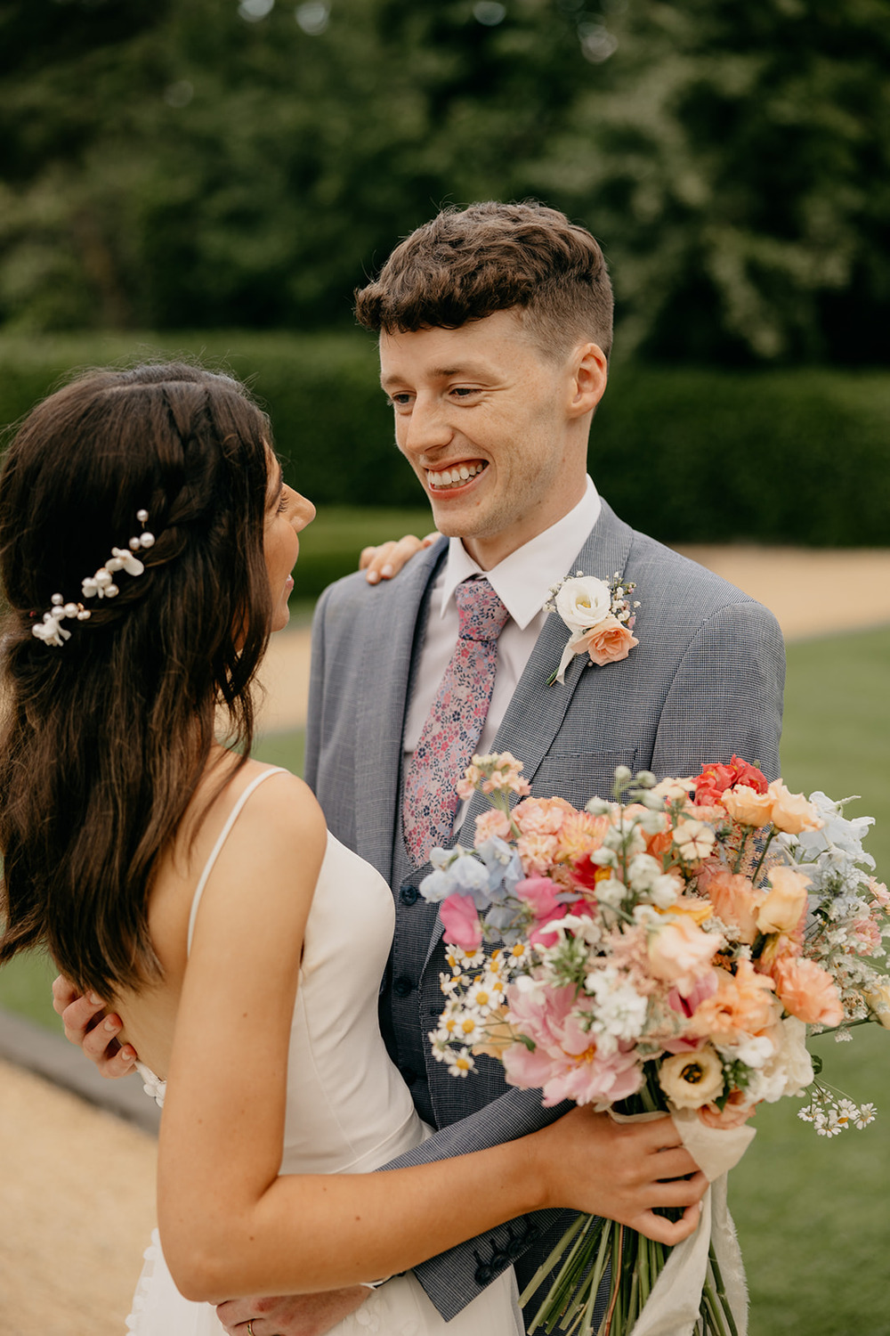 Groom Grey Suit Floral Tie Magheramorne Estate Wedding Iain Irwin