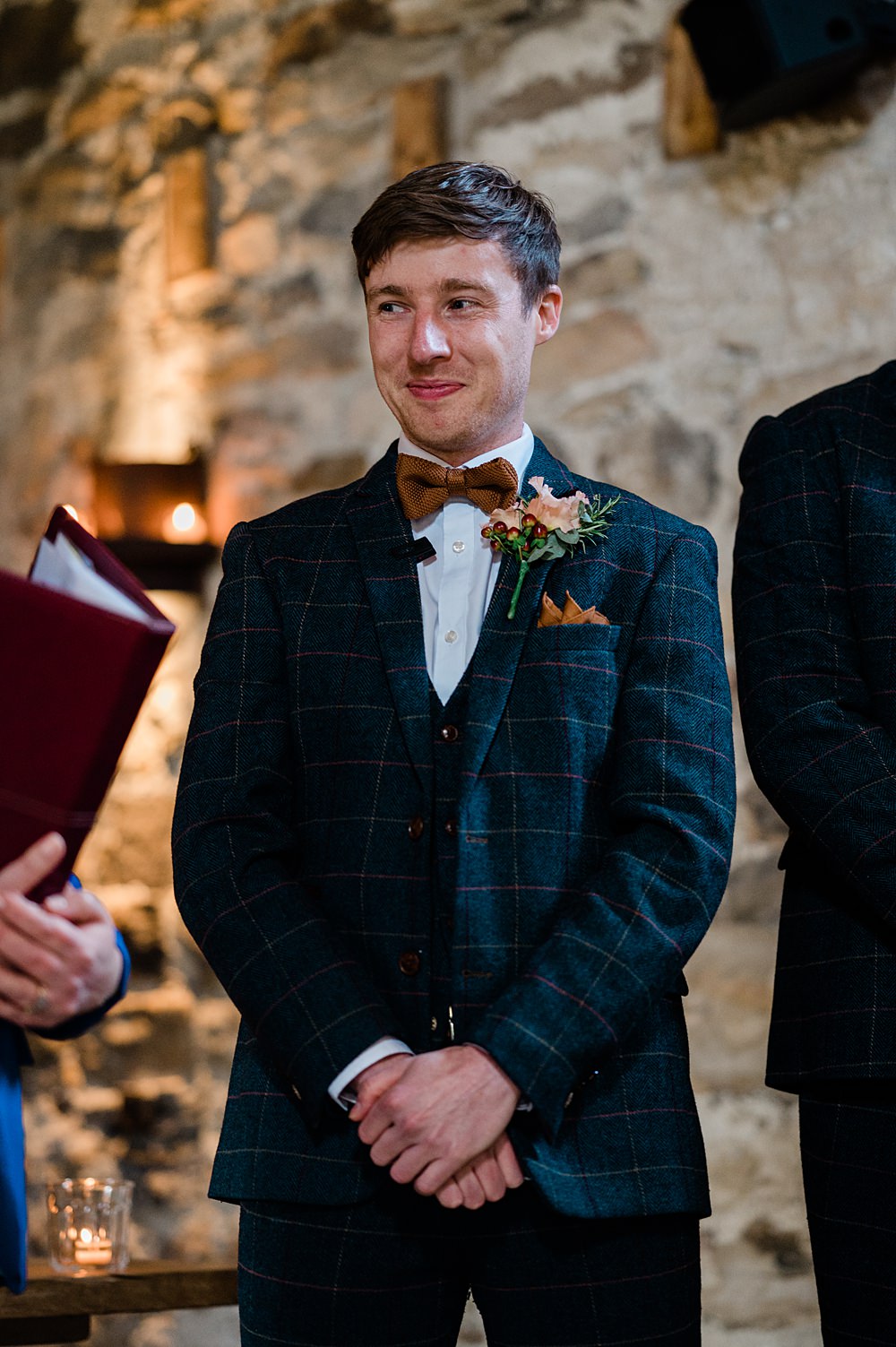Groom Navy Suit Mustard Bow Tie Retro Rustic Barn Wedding Paul Santos Photography