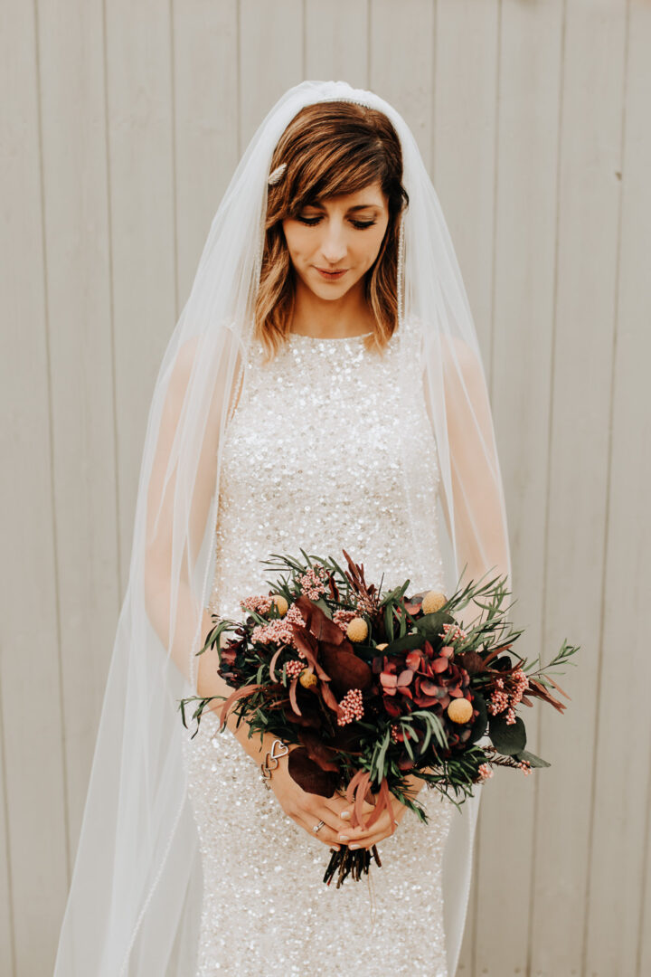 Simple Winter Wedding Dress Sequins Theia Couture Wyldbee Photography