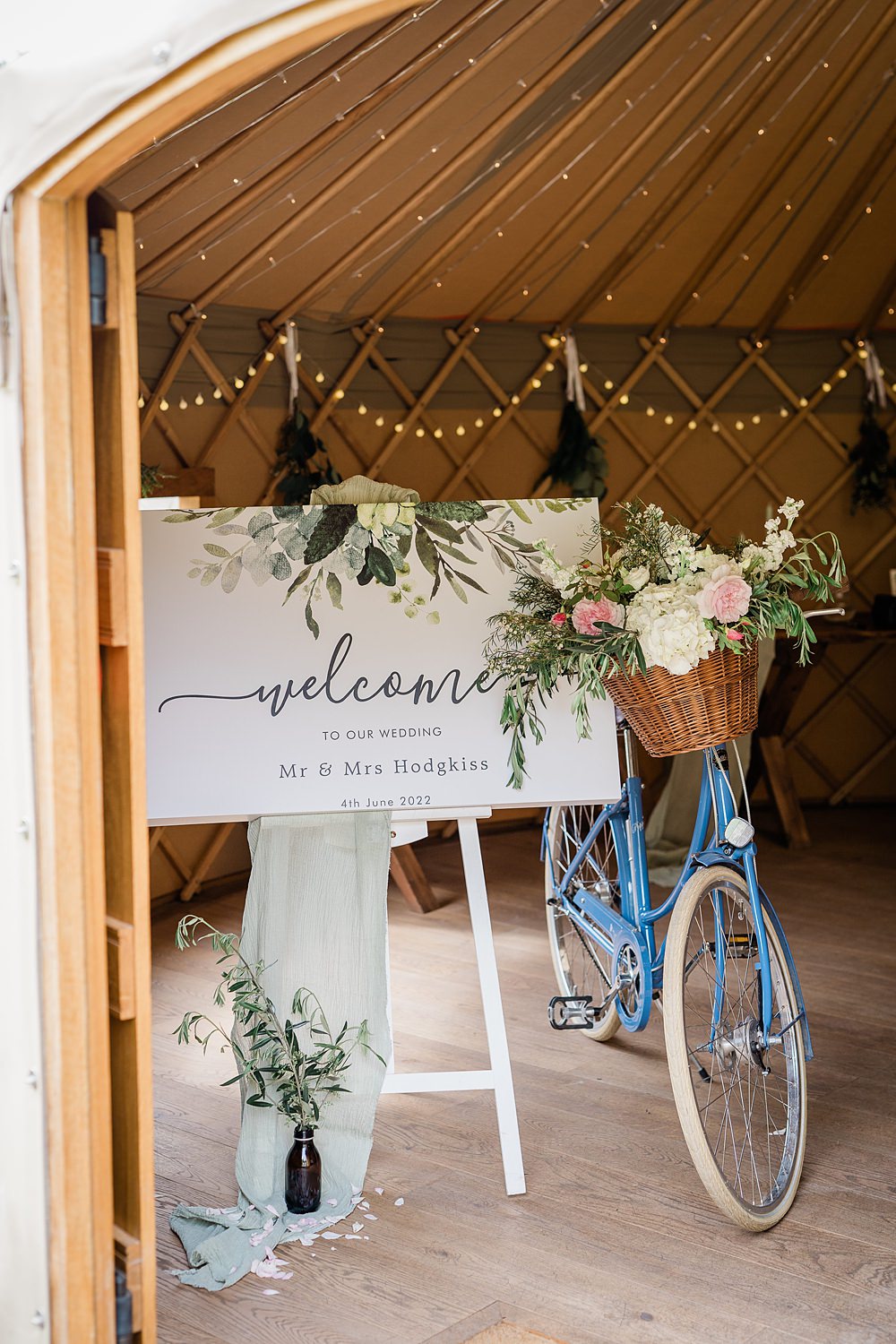 Welcome Sign Bicycle Flowers Walled Garden Yurt Wedding Charlotte Mail Photography