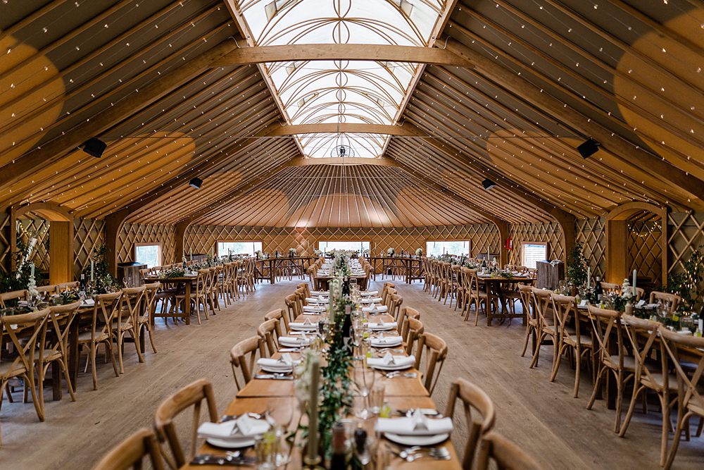 Long Wooden Tables Furniture Fairy Lights Decor Walled Garden Yurt Wedding Charlotte Mail Photography