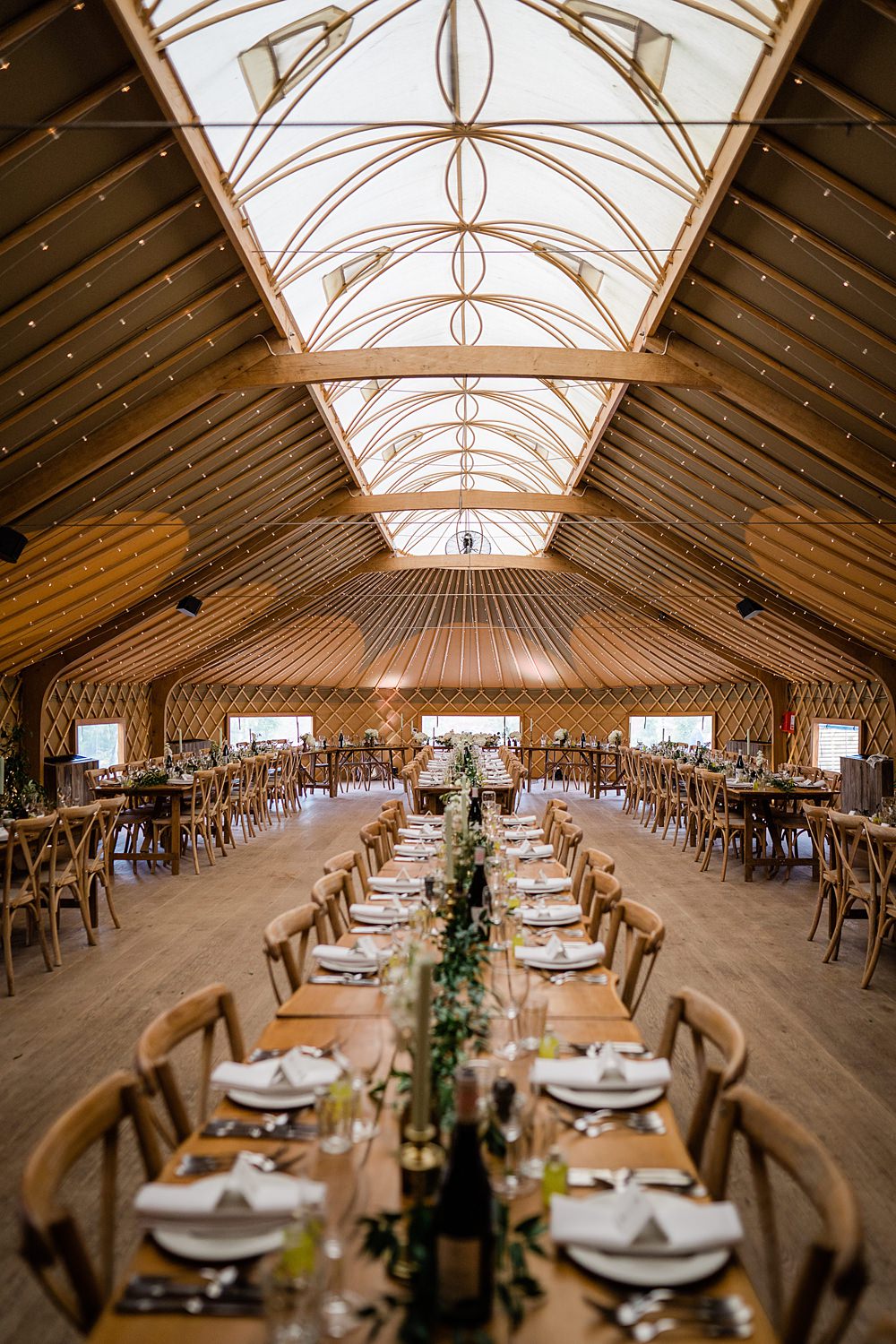 Long Wooden Tables Furniture Fairy Lights Decor Walled Garden Yurt Wedding Charlotte Mail Photography