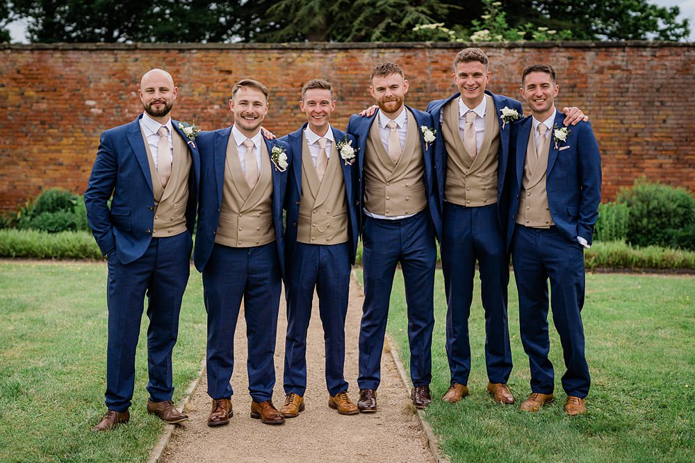 Groom Groomsmen Navy Suit Tan Waistcoat Walled Garden Yurt Wedding Charlotte Mail Photography
